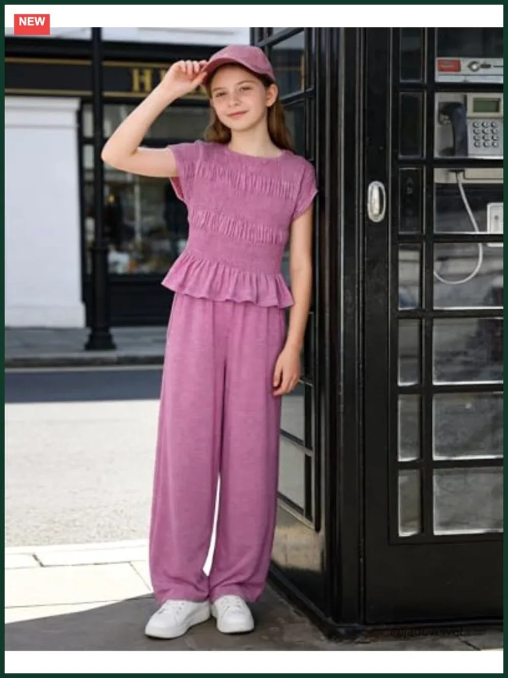 Girls 2 Piece Set Summer Outfit Pleated Top Wide Leg Pants